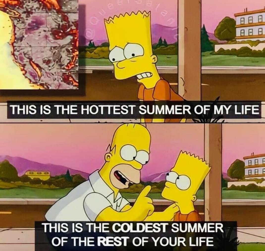 This meme is a humorous comparison of two different scenarios. The top image shows a character from the TV show "The Simpsons" looking out a window, with a caption that reads "This is the hottest summer of my life". The bottom image shows the same character, but with a caption that reads "This is the coldest summer of the rest of your life". The meme is likely referencing a situation where someone is experiencing a hot summer, but someone else is experiencing an even hotter one.